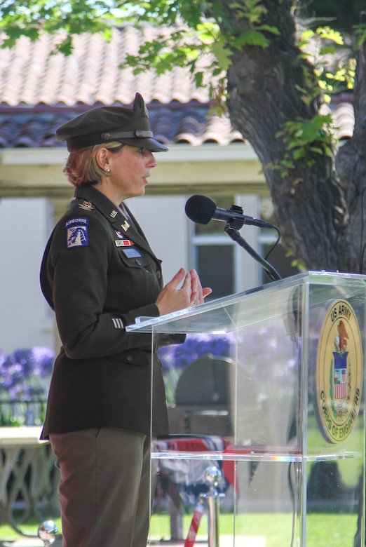 Col. Julie Balten, outgoing commander of the U.S. Army Corps of Engineers Los Angeles District, center, speaks during the district’s change of command ceremony July 14 at the LA District Base Yard in South El Monte, California.