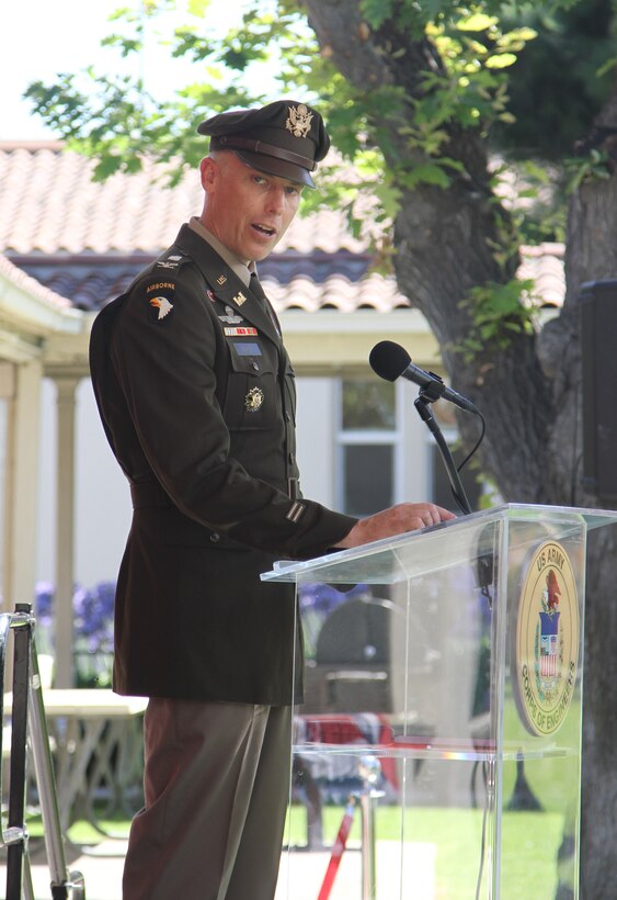 Col. Andrew Baker, incoming commander of the U.S. Army Corps of Engineers Los Angeles District, speaks during the district’s change of command ceremony July 14 at the LA District Base Yard in South El Monte, California.