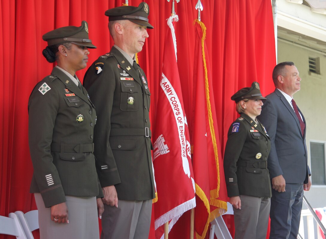 From left to right stand Brig. Gen. Antoinette Gant, U.S. Army Corps of Engineers South Pacific Division commander; Col. Andrew Baker, incoming commander of the U.S. Army Corps of Engineers Los Angeles District; Col. Julie Balten, outgoing commander of the Los Angeles District; and Justin Gay, LA District deputy district engineer, during the July 14 district change of command ceremony at the Corps' Base Yard in South El Monte, California.