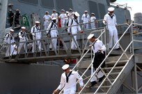 NORFOLK, Va. - Sailors assigned to the Arleigh Burke-class guided-missile destroyer USS James E. Williams (DDG 95) depart the ship after a seven-month NATO deployment, July 14, 2023. James E. Williams served as the flagship for Standing NATO Maritime Group (SNMG) 2. (U.S. Navy photo by Mass Communication Specialist 1st Class Jacob T. Waldrop)