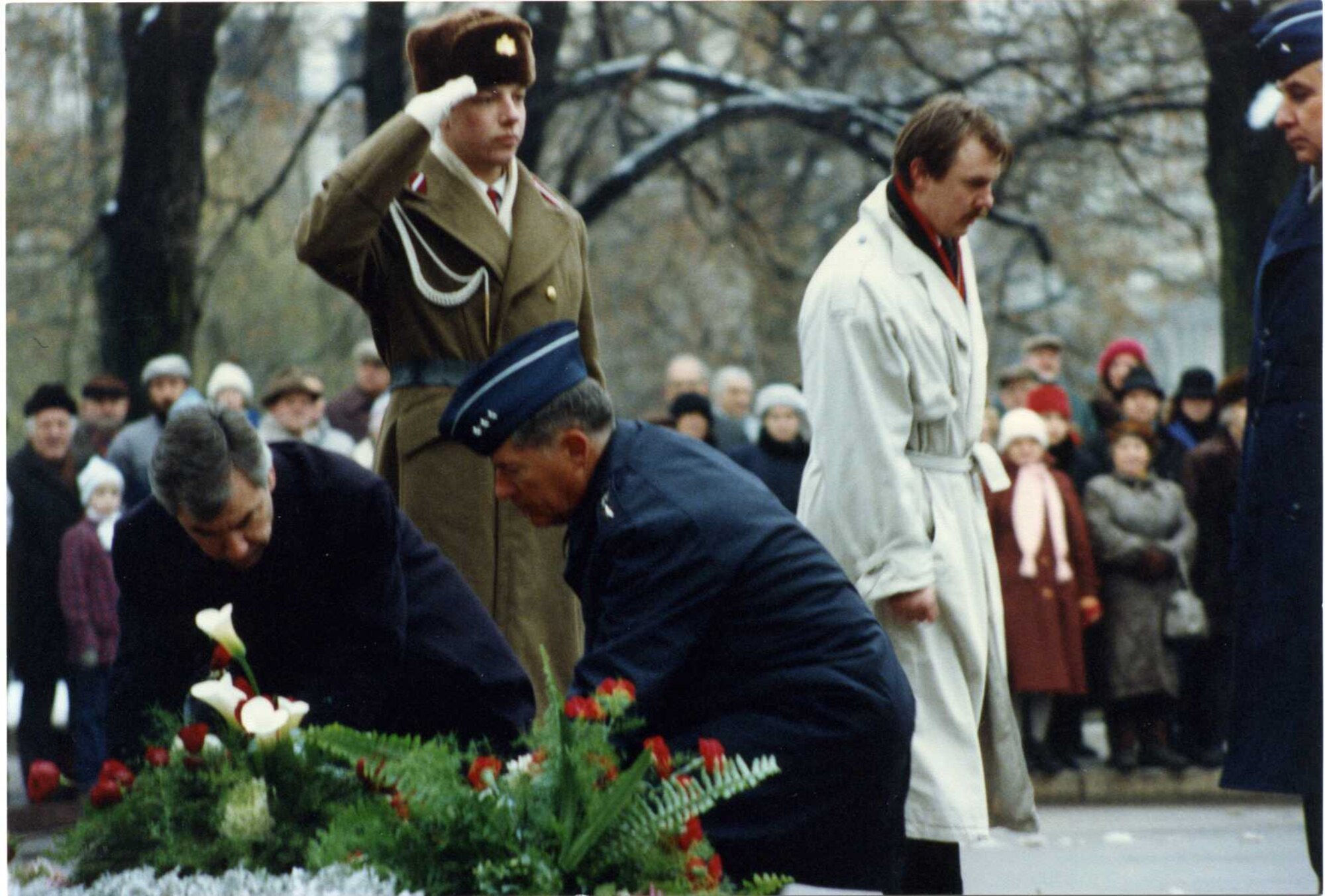 Lt. Gen. Conaway (center) lays a wreath at the Freedom Monument in Riga, Latvia, November 18, 1992, Latvian Independence Day.
