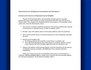 A graphic showing verbiage from the second page of a letter from the U.S. Justice Department notifying State Licensing Authorities on July 14, 2023, of a new provision in the Servicemembers Civil Relief Act about the portability of professional licenses for servicemembers and their spouses. The letter informs state licensing authorities about Congress’s recent amendment to the SCRA that allows servicemembers and their spouses to use their professional licenses or certificates in new jurisdictions if they are relocating because of military orders and meet certain other requirements. (U.S. Air Force graphic by Staff Sgt. Shelby Thurman)