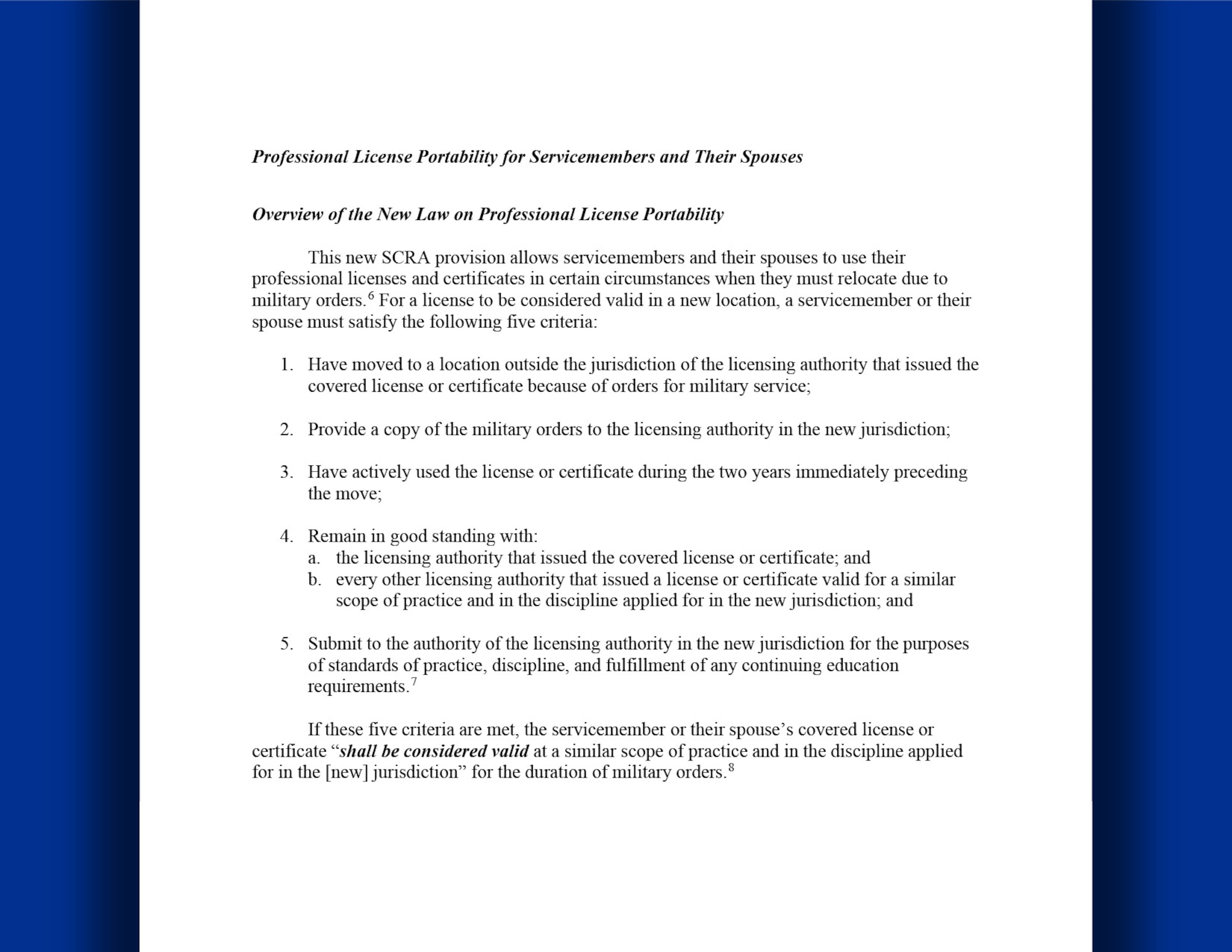 A graphic showing verbiage from the second page of a letter from the U.S. Justice Department notifying State Licensing Authorities on July 14, 2023, of a new provision in the Servicemembers Civil Relief Act about the portability of professional licenses for servicemembers and their spouses. The letter informs state licensing authorities about Congress’s recent amendment to the SCRA that allows servicemembers and their spouses to use their professional licenses or certificates in new jurisdictions if they are relocating because of military orders and meet certain other requirements. (U.S. Air Force graphic by Staff Sgt. Shelby Thurman)