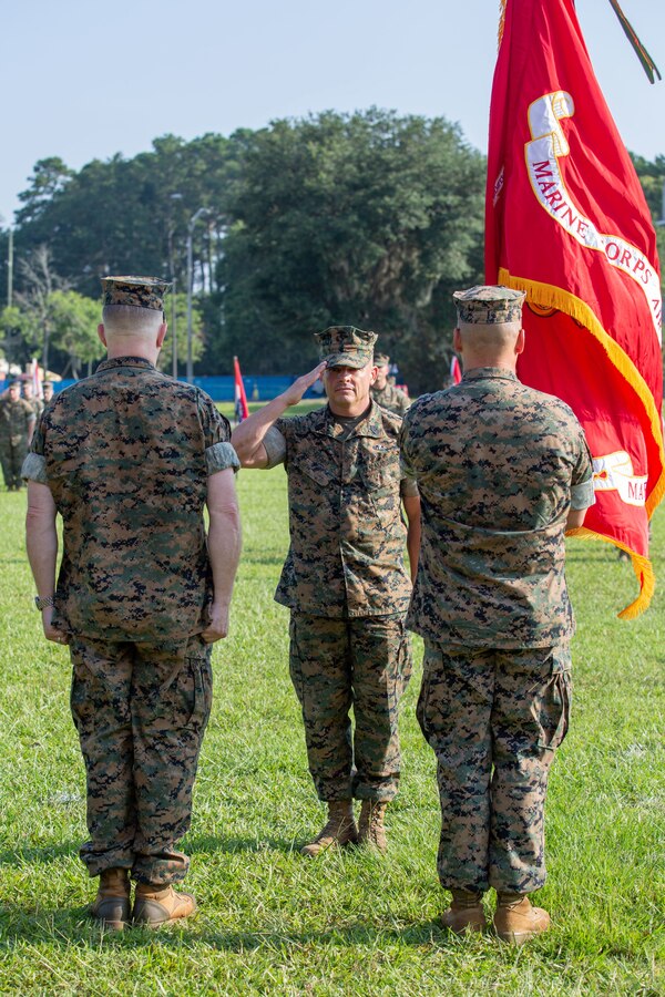 U.S. Marine Corps Sgt. Maj. Bryan Alfaro, sergeant major, Marine Corps Air Station (MCAS) Beaufort, renders a salute during a Change of Command Ceremony at MCAS Beaufort, South Carolina, July 7, 2023. Col. Karl Arbogast relinquished command of MCAS Beaufort to Col. Mark Bortnem. (U.S. Marine Corps photo by Lance Cpl. Nathan Saucier)