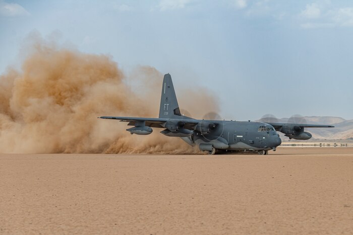 A U.S. Air Force HC-130J Combat King II assigned to the 81st Expeditionary Rescue Squadron lands on an unprepared landing zone