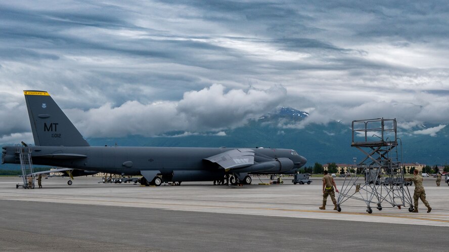 A U.S. Air Force B-52H Stratofortress assigned to the 69th Bomb Squadron sits on the flightline at Joint Base Elmendorf-Richardson, Alaska, July 11, 2023. The B-52s came to JBER to participate in a bomber Agile Combat Employment exercise, which tests our readiness to and ensures we maintain a safe, secure, effective and ready strategic deterrent force. (U.S. Air Force photo by Senior Airman Evan Lichtenhan)
