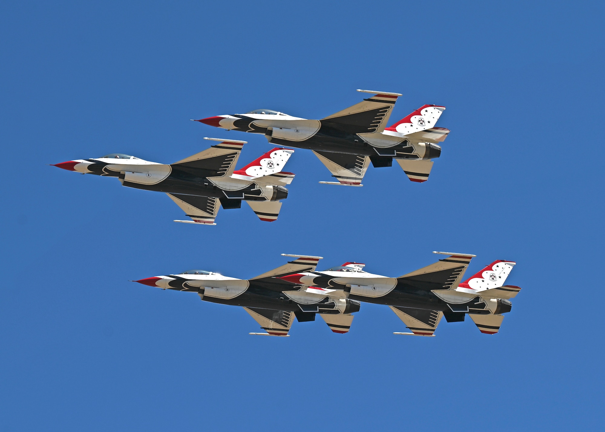 The U.S. Air Force Air Demonstration Squadron “Thunderbirds” #1-4 fly F-16 Fighting Falcons above the McChord Field flightline in preparation for the Joint Base Lewis-McChord Airshow and Warrior Expo before landing at JBLM, Washington, July 12, 2023. The mission of the JAWE is to foster goodwill to educate and familiarize attendees with the people, mission, and equipment of the Air Force, Army, and other Armed Services while continuing to provide installation-wide mission support. The U.S. Air Force Air Demonstration Squadron “Thunderbirds” are one of the JAWE’s premier acts and will be joined by aerial demonstrations from the C-17 West Coast Demonstration Team, Tora! Tora! Tora! and many more. (U.S. Air Force photo by Senior Airman Callie Norton)