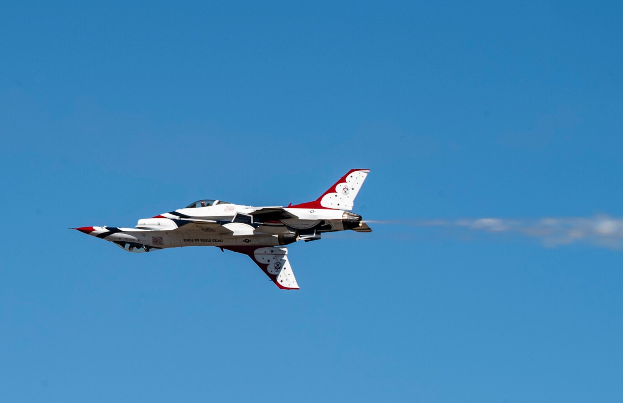 The U.S. Air Force Air Demonstration Squadron “Thunderbirds” fly F-16 Fighting Falcon aircraft above the McChord Field flightline while practicing for the Joint Base Lewis-McChord Airshow and Warrior Expo at JBLM, Washington, July 14, 2023. The mission of the JAWE is to foster goodwill to educate and familiarize attendees with the people, mission, and equipment of the Air Force, Army, and other Armed Services while continuing to provide installation-wide mission support. The Thunderbirds are one of the JAWE’s premier acts and will be joined by aerial demonstrations from the C-17 West Coast Demonstration Team, Tora! Tora! Tora! and many more. (U.S. Air Force photo by Staff Sgt. Rachel Williams)