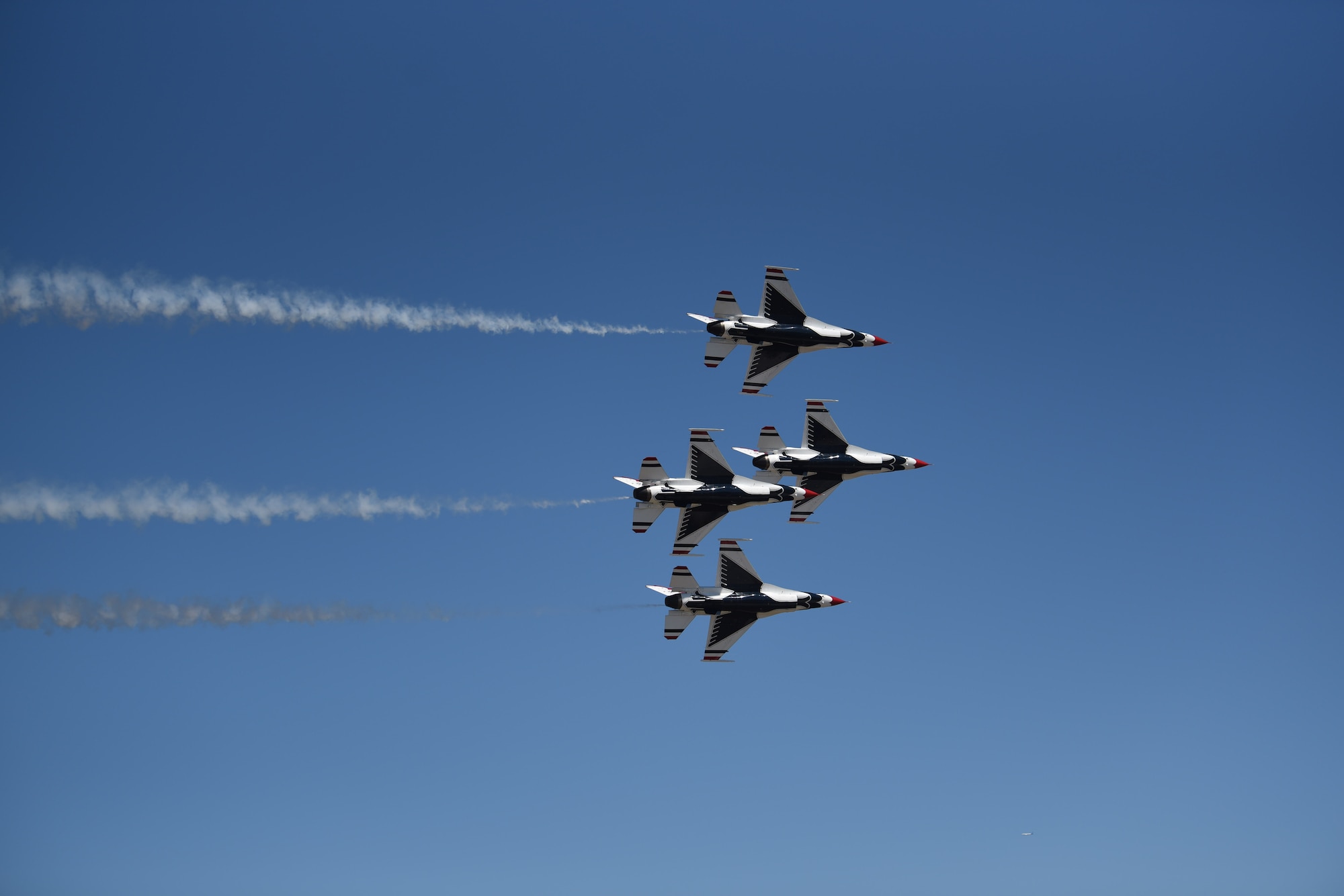 The U.S. Air Force Air Demonstration Squadron “Thunderbirds” #1-4 fly F-16 Fighting Falcons above the McChord Field flightline during their rehearsal for the Joint Base Lewis-McChord Airshow and Warrior Expo at JBLM, Washington, July 14, 2023. The mission of the JAWE is to foster goodwill to educate and familiarize attendees with the people, mission, and equipment of the Air Force, Army, and other Armed Services while continuing to provide installation-wide mission support. The Thunderbirds are one of the JAWE’s premier acts and will be joined by aerial demonstrations from the C-17 West Coast Demonstration Team, Tora! Tora! Tora! and many more. (U.S. Air Force photo by Airman 1st Class Kylee Tyus)