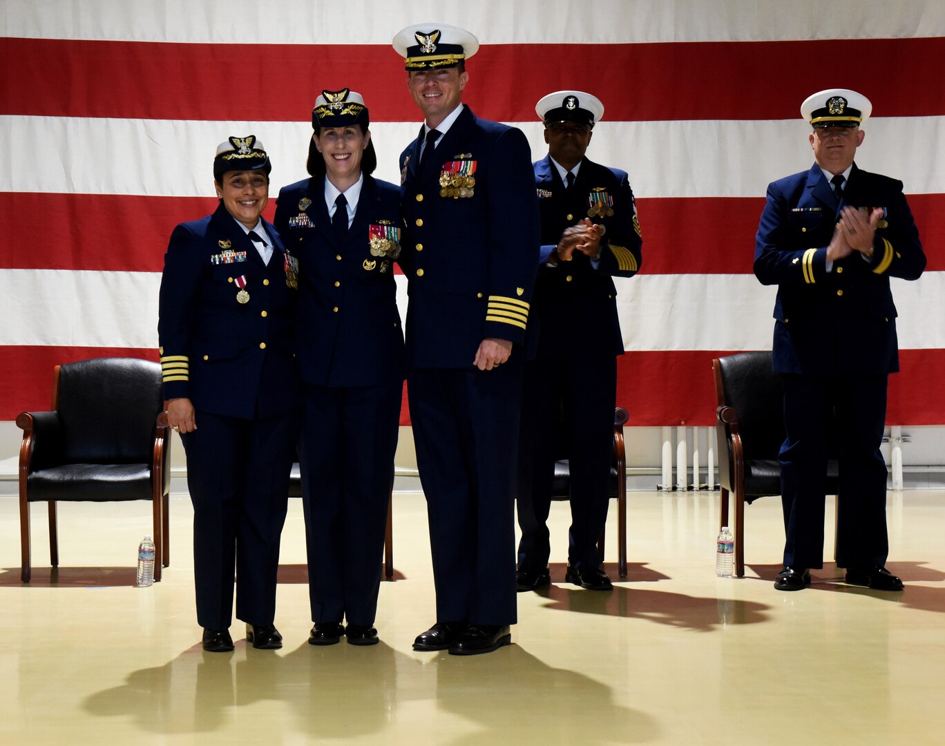 Capt. Christopher Culpepper relieved Capt. Leanne Lusk as commanding officer of Coast Guard Sector Anchorage during a change of command ceremony at Joint Base Elmendorf-Richardson, July 14, 2023. Rear Adm. Megan Dean, commander, Coast Guard 17th District, presided over the event. Coast Guard photo by Petty Officer 1st Class Melissa E. F. McKenzie.