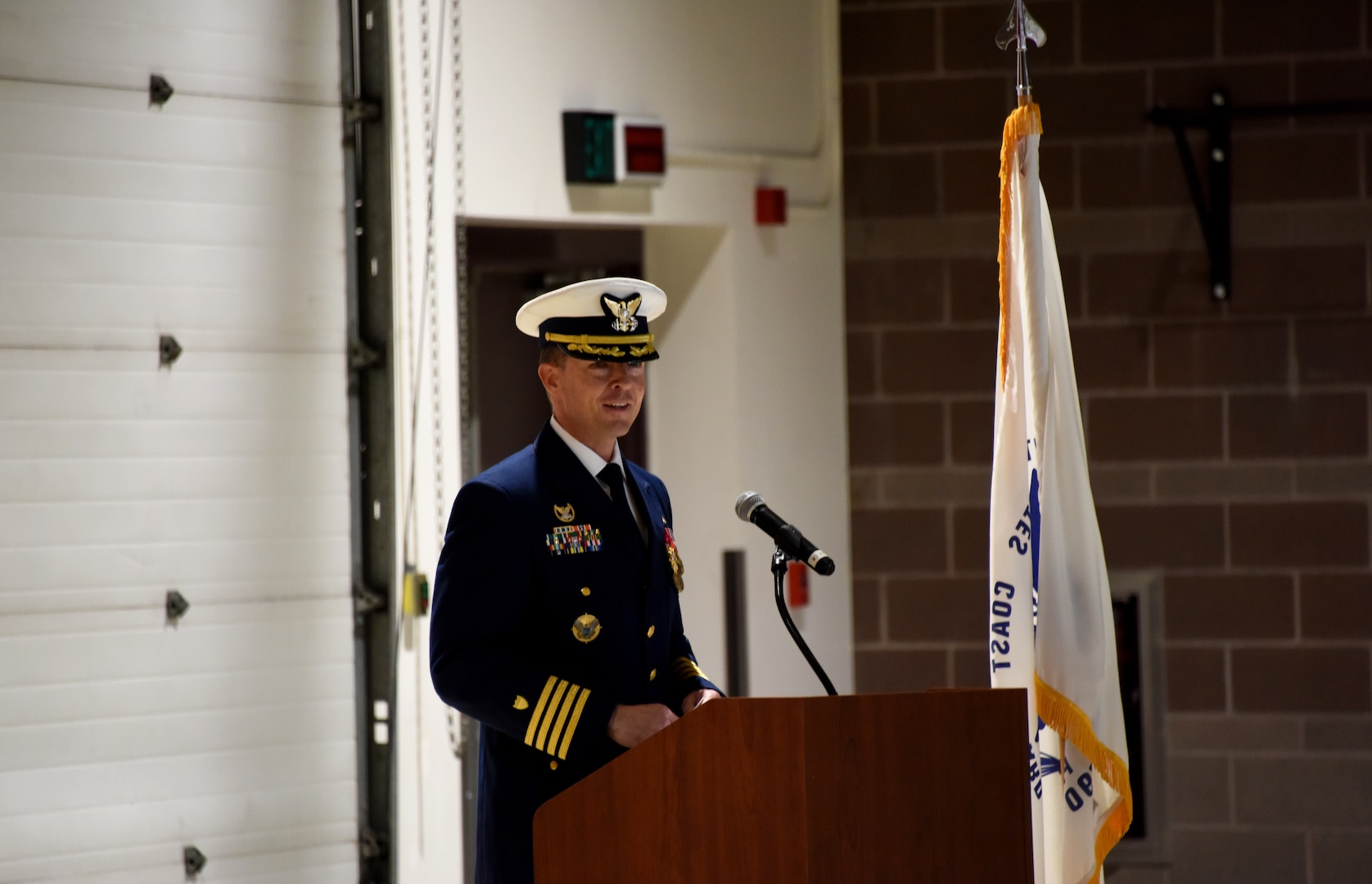 Capt. Christopher Culpepper relieved Capt. Leanne Lusk as commanding officer of Coast Guard Sector Anchorage during a change of command ceremony at Joint Base Elmendorf-Richardson, July 14, 2023. Rear Adm. Megan Dean, commander, Coast Guard 17th District, presided over the event. Coast Guard photo by Petty Officer 1st Class Melissa E. F. McKenzie.