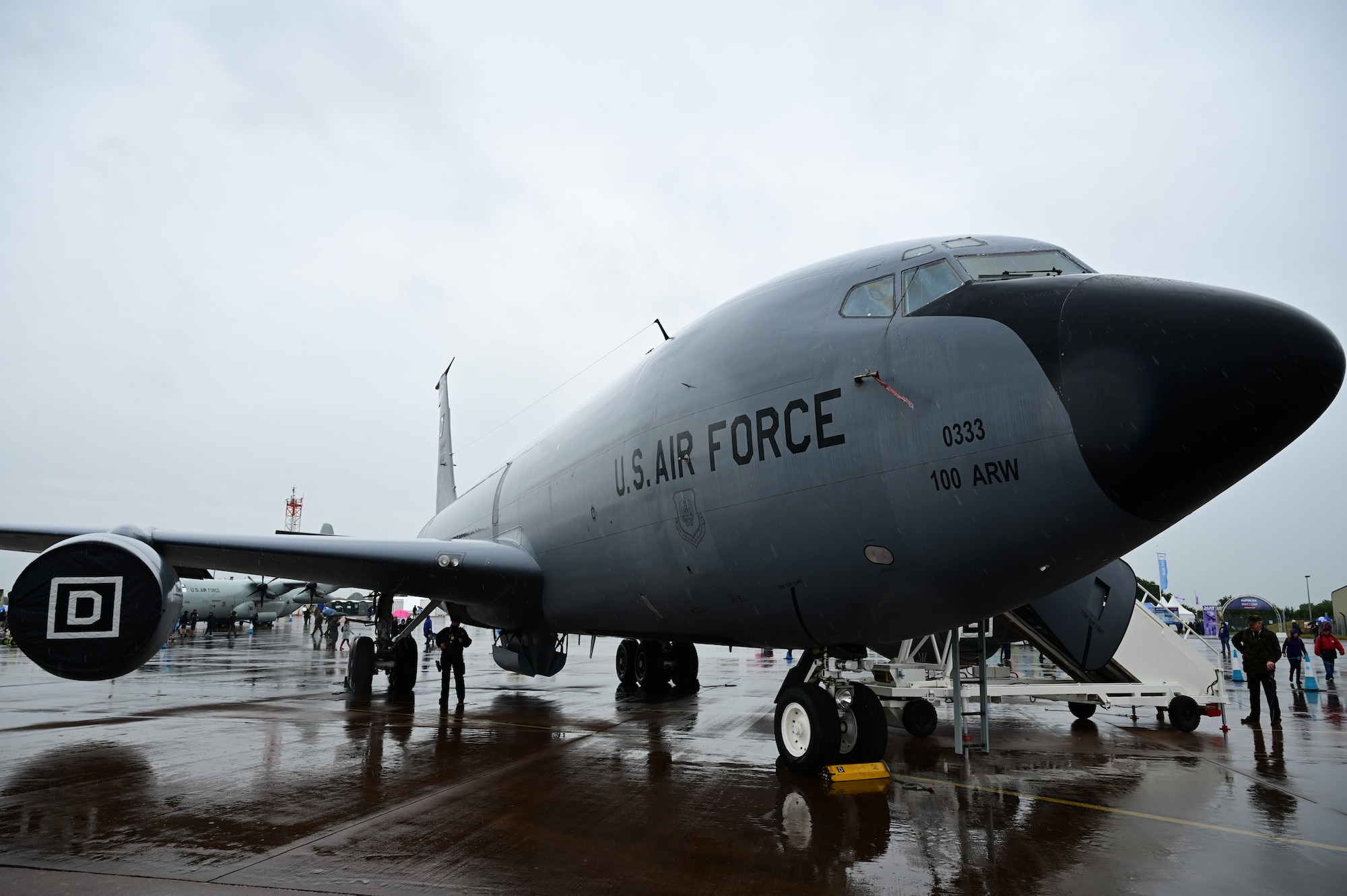 A U.S. KC-135 Stratotanker is displayed at the 2023 Royal International Air Tattoo at RAF Fairford, England, July 14, 2023. Known as the world’s largest military airshow, RIAT is an international exhibition that provides an opportunity for the U.S. Air Force to strengthen relationships and display interoperability with partner nations from around the globe. (U.S. Air Force photo by 1st Lt. Symantha King)