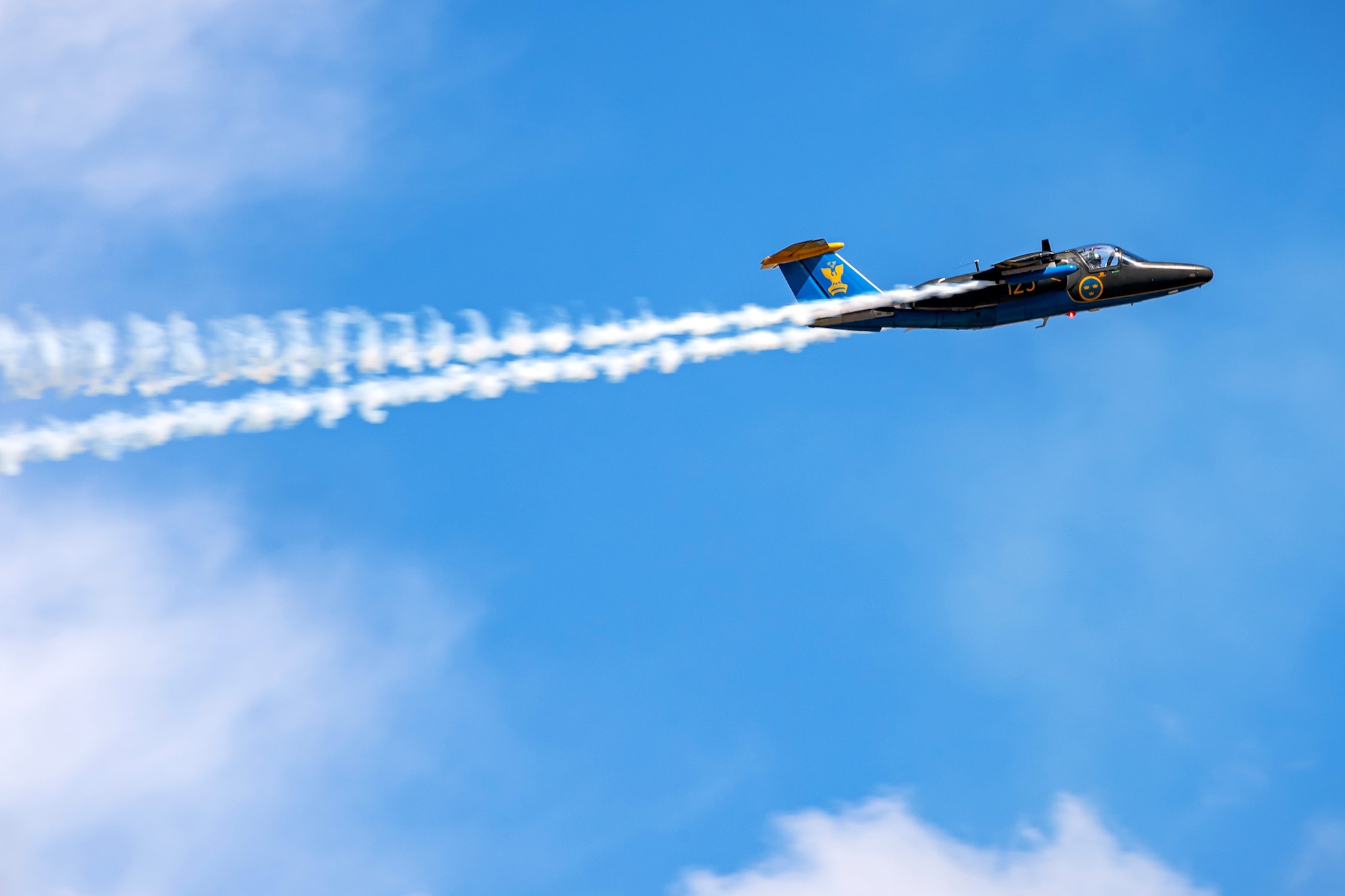 A Swedish Air Force SAAB-SK.60 performs at the Royal International Air Tattoo, at RAF Fairford, England, July 15, 2023. RIAT participation demonstrates U.S. commitment to European allies and partners while highlighting U.S. capabilities to a diverse audience, emphasizing unity, innovation, and a shared commitment to excellence. (U.S. Air Force photo by Staff Sgt. Eugene Oliver)