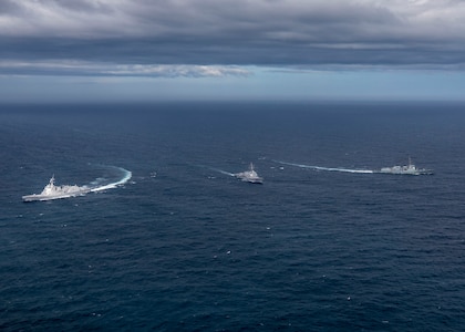 230716-N-CD453-1230 (July 16, 2023) Se Jong Daewang class destroyer ROKS Yul Gog Yi I (DDG 992) (right) of the Republic of Korea Navy and Maya class destroyer JS Maya (DDG 179) (left) of the Japan Maritime Self-Defense Force sail alongside Arleigh Burke-class guided-missile destroyer USS John Finn (DDG 113) (center) while conducting a trilateral ballistic missile defense exercise, July 16. John Finn is assigned to Commander, Task Force 71/Destroyer Squadron (DESRON) 15, the Navy’s largest forward-deployed DESRON and U.S. 7th Fleet’s principal surface force. (U.S. Navy photo by Mass Communication Specialist 2nd Class Samantha Oblander)