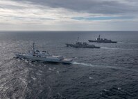 230716-N-CD453-1132 (July 16, 2023) Se Jong Daewang class destroyer ROKS Yul Gog Yi I (DDG 992) (left) of the Republic of Korea Navy and Atago class destroyer JS Maya (DDG 179) (right) of the Japanese Maritime Self-Defense Force sail alongside Arleigh Burke-class guided-missile destroyer USS John Finn (DDG 113) (center) while conducting a trilateral ballistic missile defense exercise, July 16. John Finn is assigned to Commander, Task Force 71/Destroyer Squadron (DESRON) 15, the Navy’s largest forward-deployed DESRON and U.S. 7th Fleet’s principal surface force. (U.S. Navy photo by Mass Communication Specialist 2nd Class Samantha Oblander)