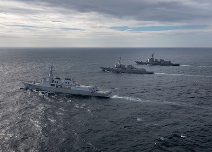 230716-N-CD453-1132 (July 16, 2023) Se Jong Daewang class destroyer ROKS Yul Gog Yi I (DDG 992) (left) of the Republic of Korea Navy and Atago class destroyer JS Maya (DDG 179) (right) of the Japanese Maritime Self-Defense Force sail alongside Arleigh Burke-class guided-missile destroyer USS John Finn (DDG 113) (center) while conducting a trilateral ballistic missile defense exercise, July 16. John Finn is assigned to Commander, Task Force 71/Destroyer Squadron (DESRON) 15, the Navy’s largest forward-deployed DESRON and U.S. 7th Fleet’s principal surface force. (U.S. Navy photo by Mass Communication Specialist 2nd Class Samantha Oblander)