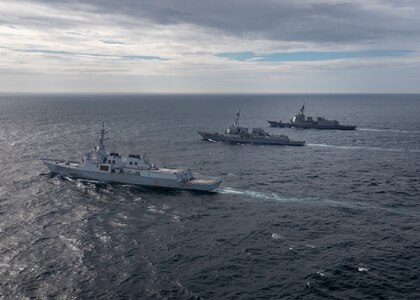 230716-N-CD453-1132 (July 16, 2023) Se Jong Daewang class destroyer ROKS Yul Gog Yi I (DDG 992) (left) of the Republic of Korea Navy and Atago class destroyer JS Maya (DDG 179) (right) of the Japanese Maritime Self-Defense Force sail alongside Arleigh Burke-class guided-missile destroyer USS John Finn (DDG 113) (center) while conducting a trilateral ballistic missile defense exercise, July 16. John Finn is assigned to Commander, Task Force 71/Destroyer Squadron (DESRON) 15, the Navy’s largest forward-deployed DESRON and U.S. 7th Fleet’s principal surface force. (U.S. Navy photo by Mass Communication Specialist 2nd Class Samantha Oblander)