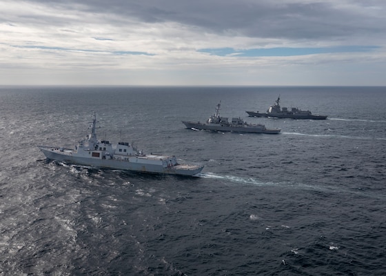 230716-N-CD453-1132 (July 16, 2023) Se Jong Daewang class destroyer ROKS Yul Gog Yi I (DDG 992) (left) of the Republic of Korea Navy and Atago class destroyer JS Maya (DDG 179) (right) of the Japanese Maritime Self-Defense Force sail alongside Arleigh Burke-class guided-missile destroyer USS John Finn (DDG 113) (center) while conducting a trilateral ballistic missile defense exercise, July 16. John Finn is assigned to Commander, Task Force 71/Destroyer Squadron (DESRON) 15, the Navy’s largest forward-deployed DESRON and U.S. 7th Fleet’s principal surface force. (U.S. Navy photo by Mass Communication Specialist 2nd Class Samantha Oblander)