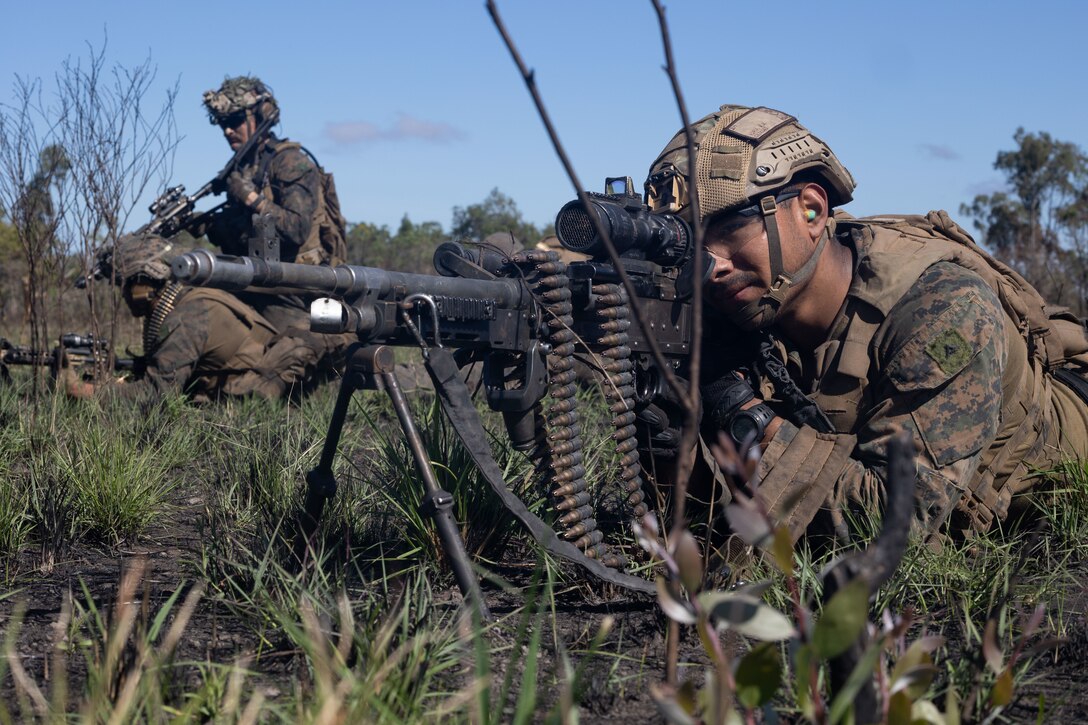U.S. Marines with Battalion Landing Team 2/1, 31st Marine Expeditionary Unit, conduct fire and maneuver drills during an airfield assault exercise at the Shoalwater Bay Military Training Area, Australia, July 6, 2023. BLT 2/1 was tasked with capturing an airfield in support of the Air Combat Element’s forward arming and refueling point. The 31st MEU is operating aboard ships of the America Amphibious Ready Group in the 7th Fleet area of operations to enhance interoperability with allies and partners and serve as a ready response force to defend peace and stability in the Indo-Pacific region. (U.S. Marine Corps photo by Lance Cpl. Elijah Murphy)