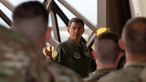 U.S. Air Force Lt. Gen. Michael Loh, Air National Guard director, visits Airmen assigned to Vermont Air National Guard’s 158th Fighter Wing prior to the conclusion of the German-led, multinational exercise, Air Defender 23