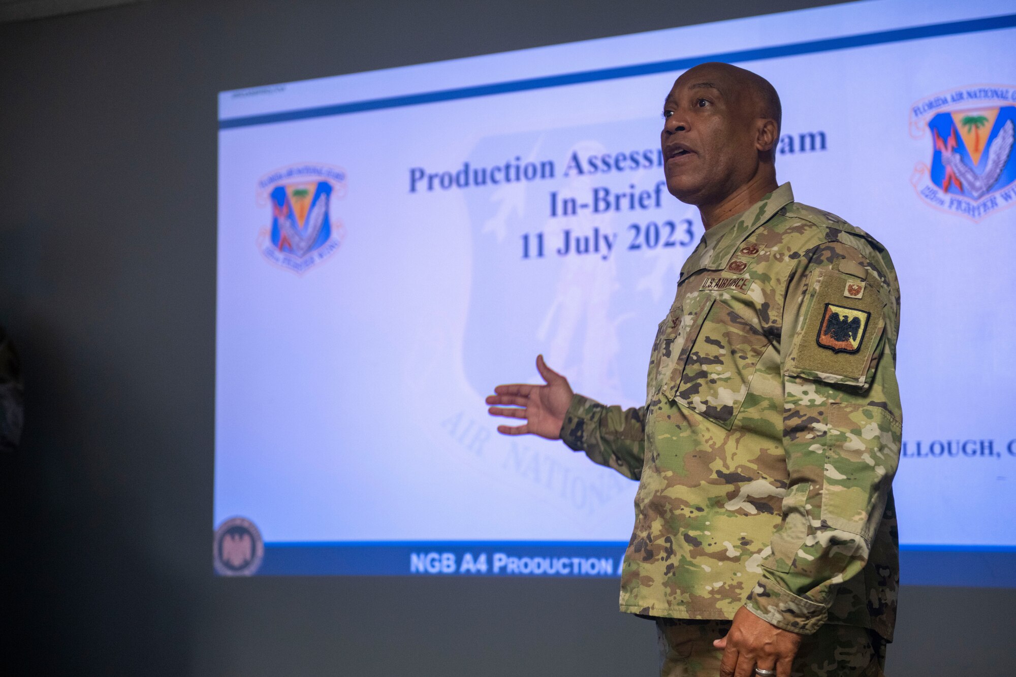 U.S. Air Force Col. Brian McCullough, team lead, Production Assessment Team (PAT), briefs members of the 125th Fighter Wing's senior staff during the PAT's visit to the wing, July, 11, 2023. The PAT visited the 125th Fighter Wing July 11-14, 2023 to identify opportunities for increased effectiveness of fleet and resource management practices that impact the ANG's overall aircraft availability. (U.S. Air National Guard photo by Tech Sgt. Chelsea Smith)