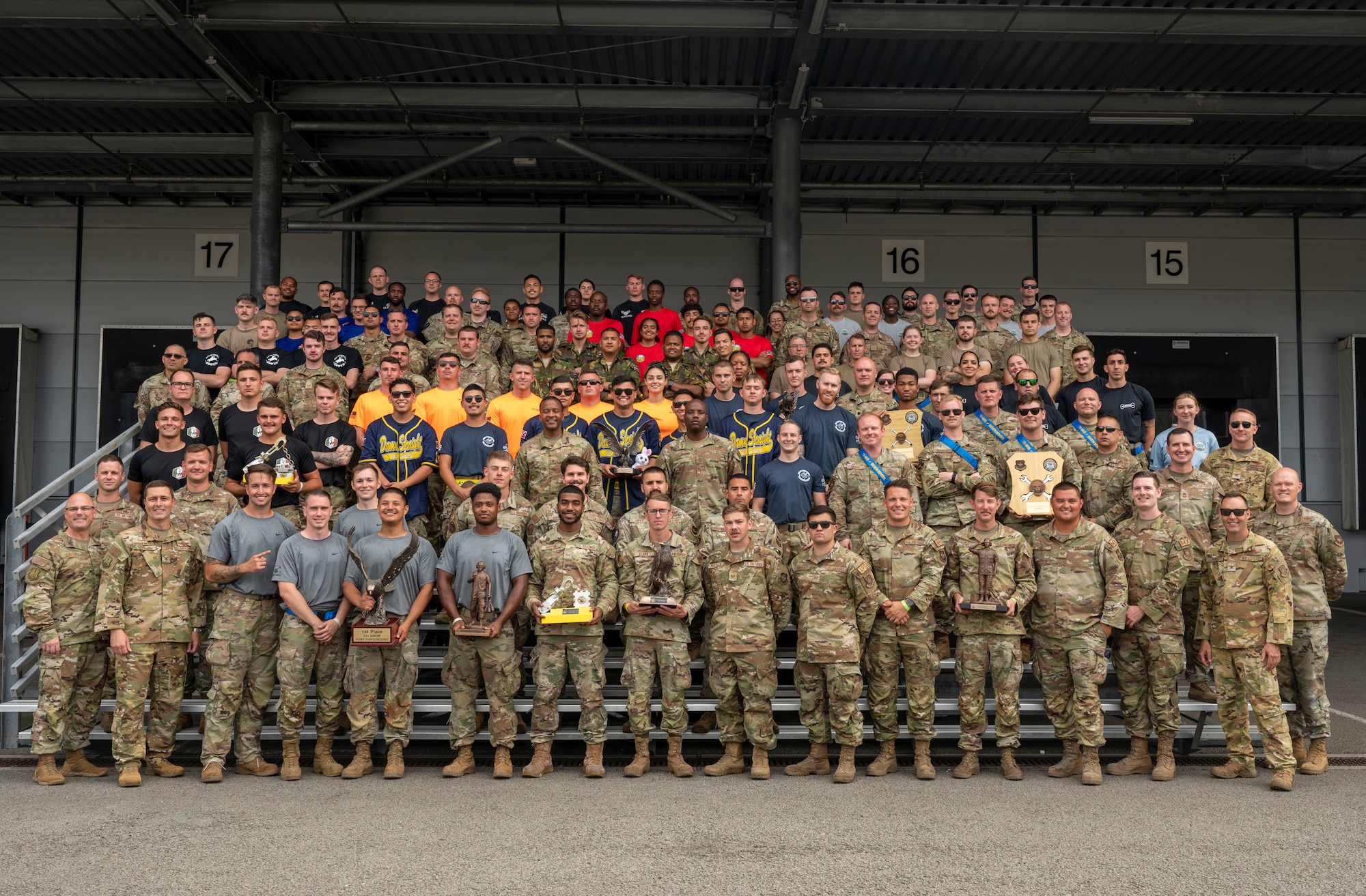 U.S. Air Force and Royal Netherlands Air Force mobility professionals pose for a group photo after the 521st Air Mobility Wing's Mobility Rodeo awards ceremony at Ramstein Air Base, Germany, July 12, 2023.