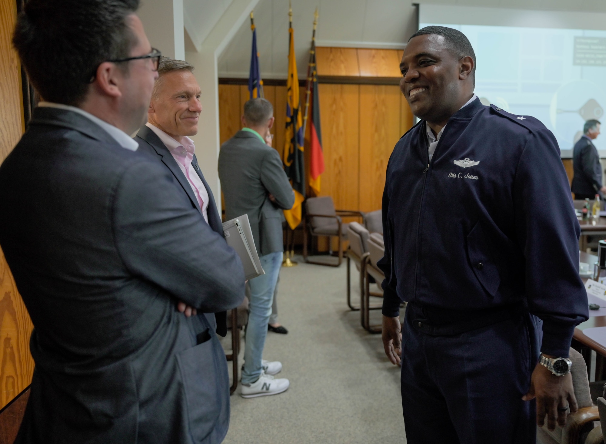U.S. Air Force Brig. Gen. Otis C. Jones, 86th Airlift Wing commander, speaks with local government officials at a mayor's forum.