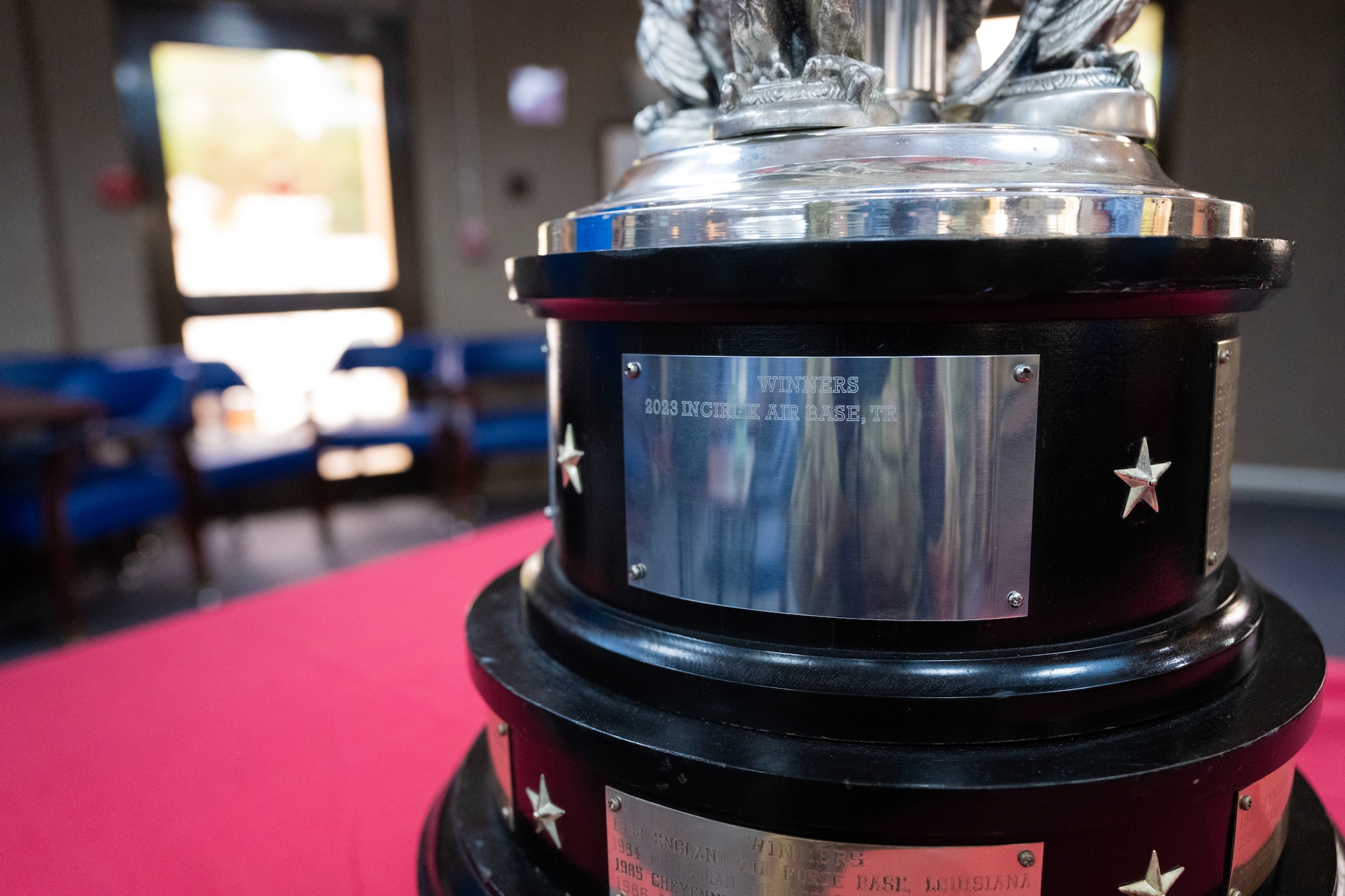 John L. Hennessy award trophy sits displayed on a table after presentation at the Sultan's Inn Incirlik Air Base, July 6, 2023.