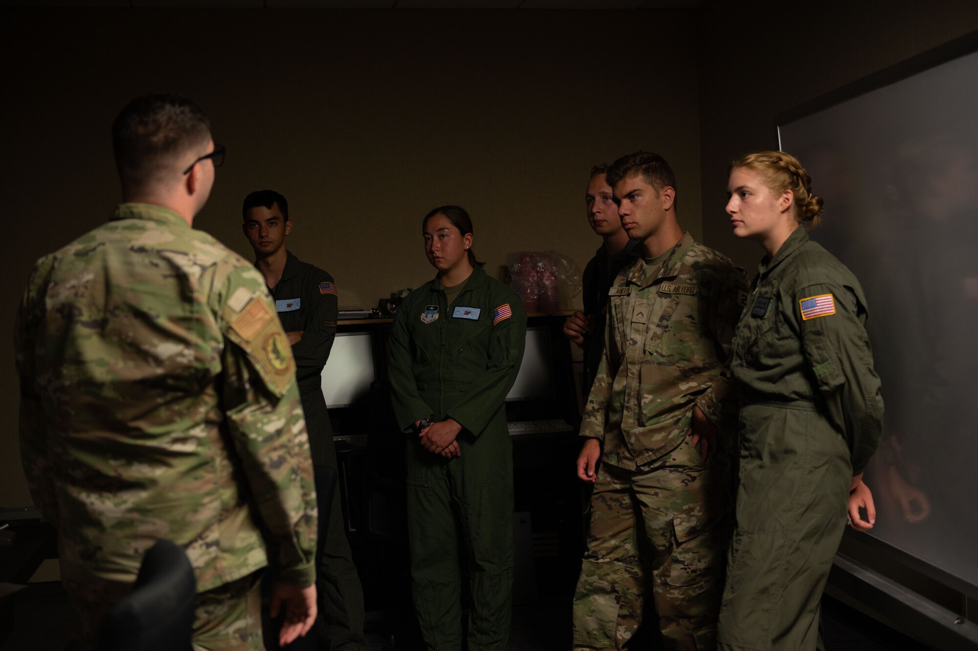 Airmen assigned to the 4th Operation Support Squadron explain how air traffic control operates during an Operation Air Force visit at Seymour Johnson Air Force Base, North Carolina, July 10, 2023. Military education and visits like these play a critical role in preparing cadets to become leaders in the cadet wing and later in the Air Force and Space Force. (U.S. Air Force photo by Airman 1st Class Rebecca Sirimarco-Lang)