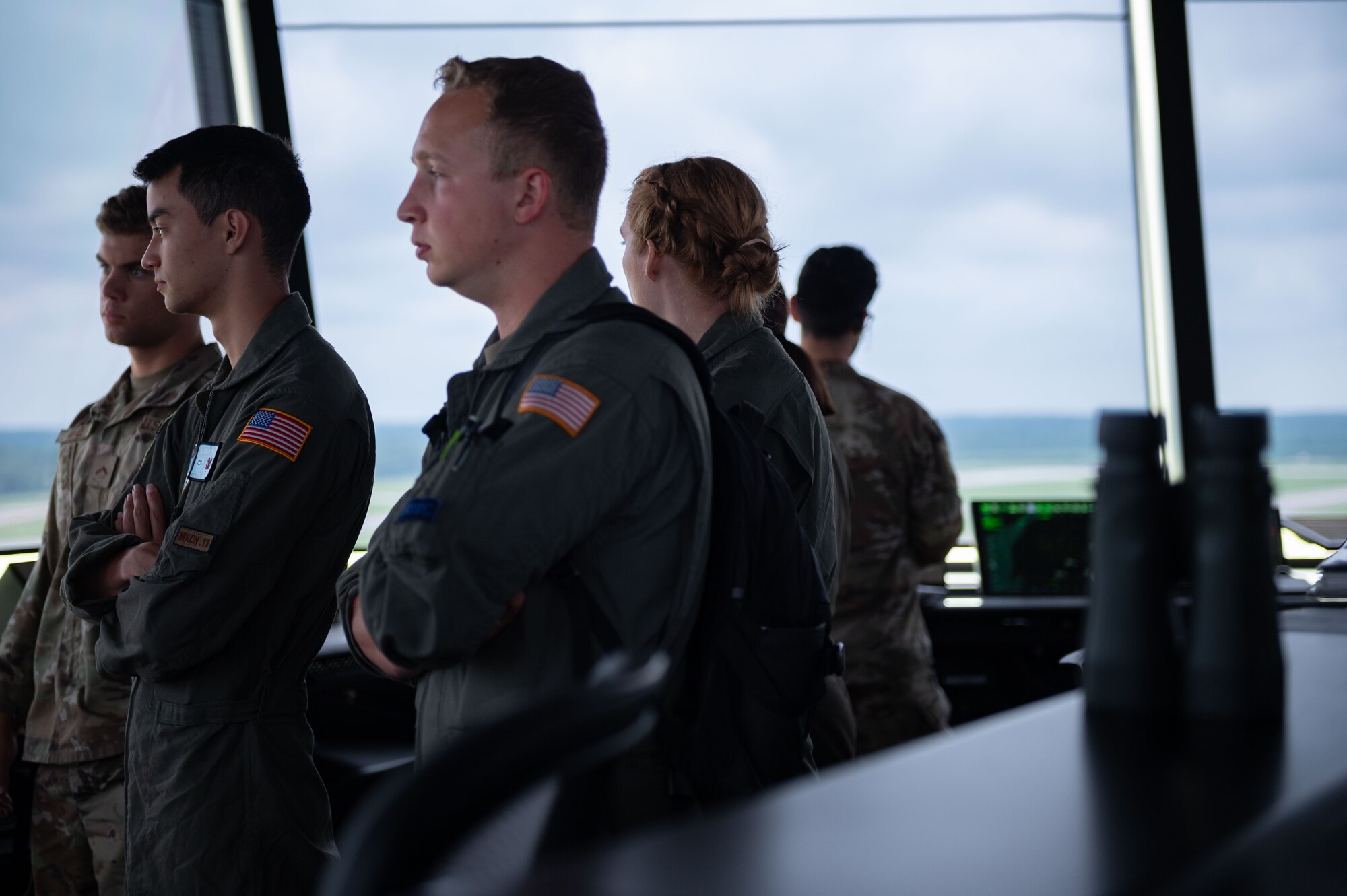 U.S. Air Force Academy Cadets tour the air traffic control tower during an Operation Air Force visit  at Seymour Johnson Air Force Base, North Carolina, July 10, 2023. The Operation Air Force focuses on orienting cadets on missions, organizational structure and culture through direct exposure and experience to the U.S. Air Force and Space Force units. (U.S. Air Force photo by Airman 1st Class Rebecca Sirimarco-Lang)