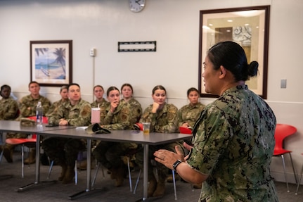 Airmen from the 180th Fighter Wing's, Medical Group attend an orientation at the U.S. Naval Hospital Okinawa, Japan, July 13, 2023.