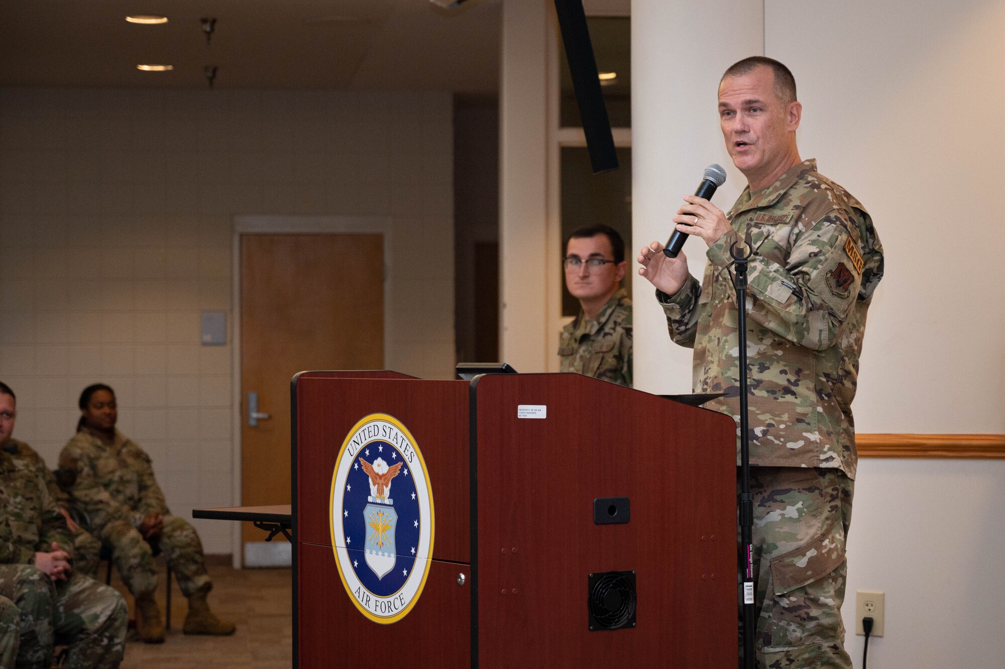 Col. Todd Walker speaks to Airmen assigned to the 4th Logistics Readiness Squadron during a change of command ceremony at Seymour Johnson Air Force Base, July 14, 2023. The ceremony was conducted to commemorate the passing of command of the 4th Logistics Readiness Squadron from Lt. Col. Robert Fekete to Maj. Lovell C.K. Davis Jr. (U.S. Air Force photo by Staff Sgt. Koby I. Saunders)
