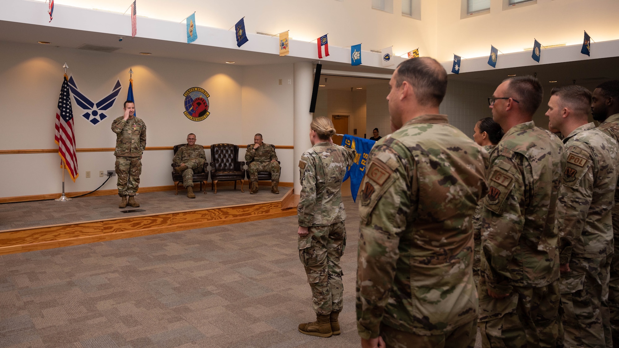 Lt. Col. Robert Fekete, former 4th Logistics Readiness Squadron commander, reders a final salute to his troops during a change of command ceremony at Seymour Johnson Air Force Base, July 14, 2023. The ceremony was conducted to commemorate the passing of command of the 4th Logistics Readiness Squadron from Lt. Col. Robert Fekete to Maj. Lovell C.K. Davis Jr. (U.S. Air Force photo by Staff Sgt. Koby I. Saunders)