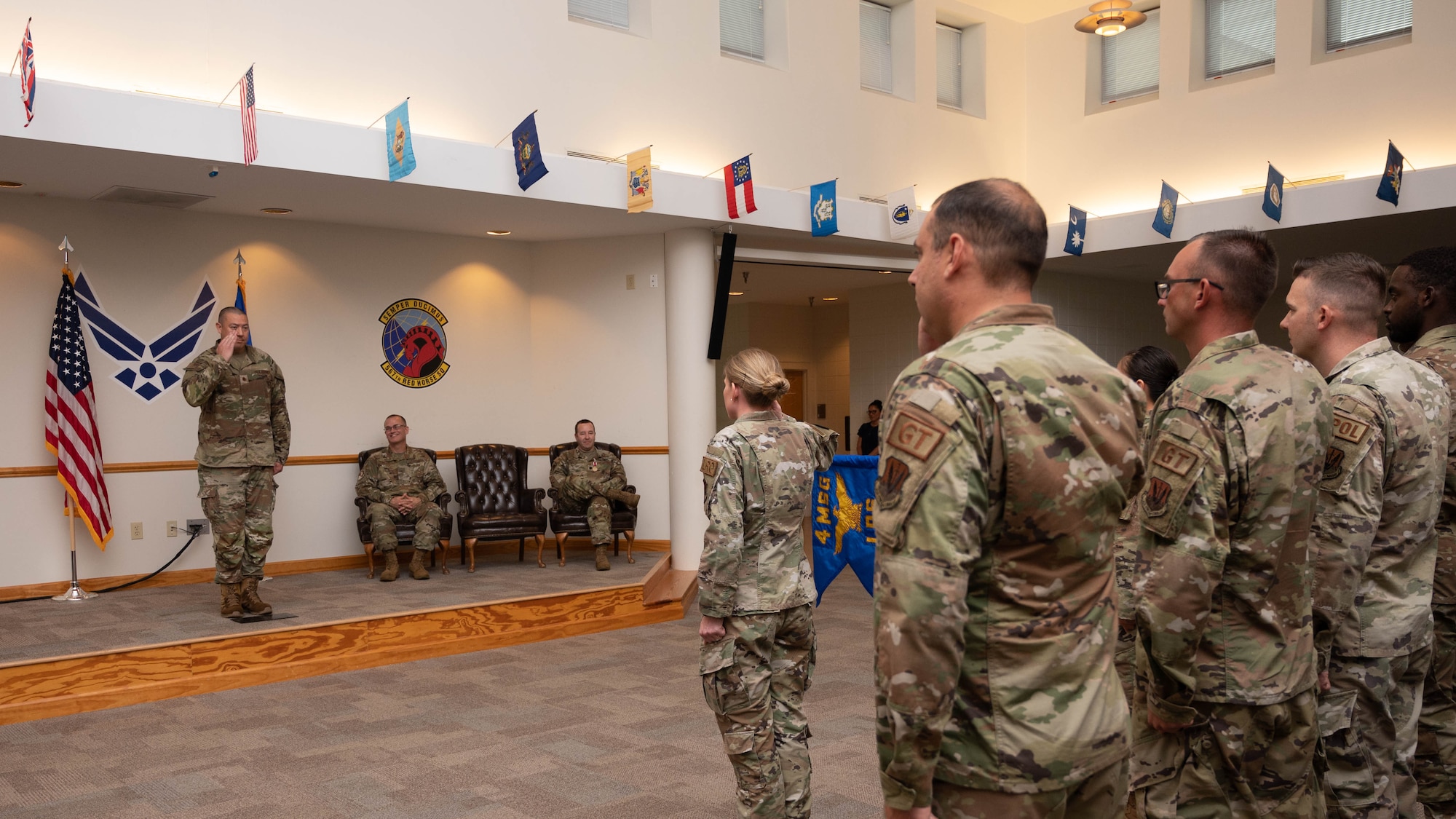 Maj. Lovell C.K. Davis Jr., 4th Logistics Readiness Squadron commander, renders a first salute to his troops during a change of command ceremony at Seymour Johnson Air Force Base, July 14, 2023. The ceremony was conducted to commemorate the passing of command of the 4th Logistics Readiness Squadron from Lt. Col. Robert Fekete to Maj. Lovell C.K. Davis Jr. (U.S. Air Force photo by Staff Sgt. Koby I. Saunders)