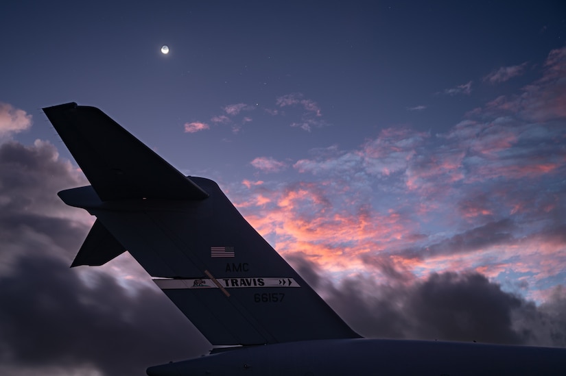 A C-17 assigned to Travis Air Force Base rests on the Andersen Air Force Base flight line in Guam on July 11, 2023.