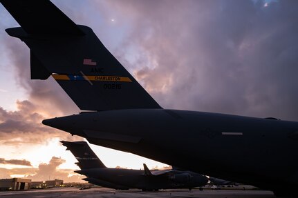 A C-17 assigned to the 437th Airlift Wing, Joint Base Charleston rests on the Andersen Air Force Base flight line in Guam on July 11, 2023.