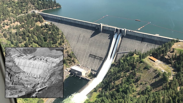 Dworshak Dam changed many times during its design. The original plans in 1948 described that it would be 370 feet tall. Later plans increased the height to 570 feet, then 630 feet. When Dworshak Dam was constructed, its final height was 717 feet tall.
