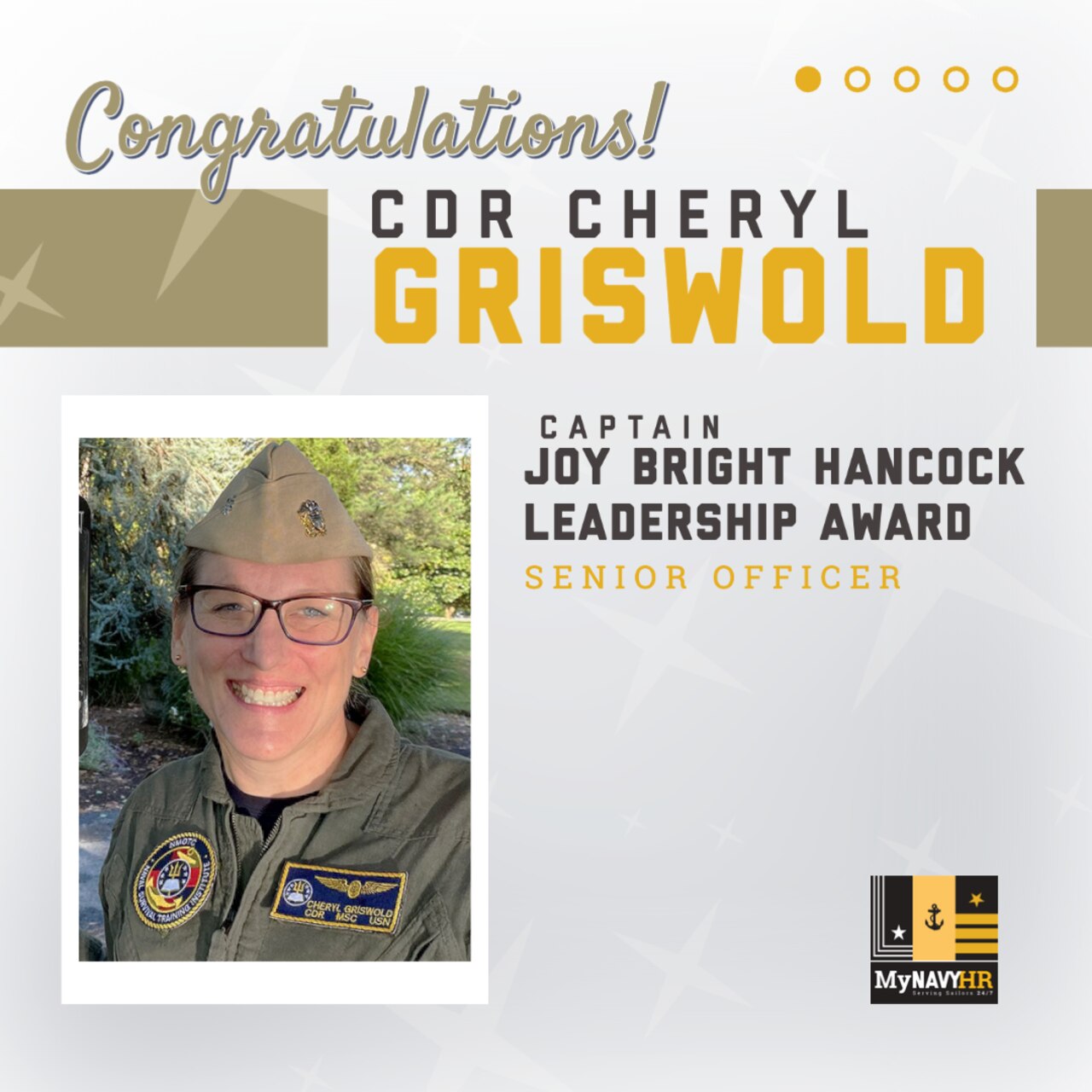 Social media graphic highlighting the 2023 Captain Joy Bright Hancock Leadership Award Winner, Senior Officer Category - Cmdr. Cheryl Griswold