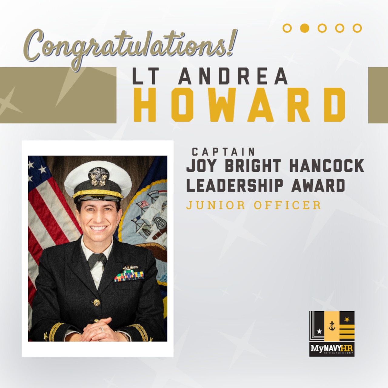 Social media graphic highlighting the 2023 Captain Joy Bright Hancock Leadership Award Winner, Junior Officer Category - LT Andrea Howard