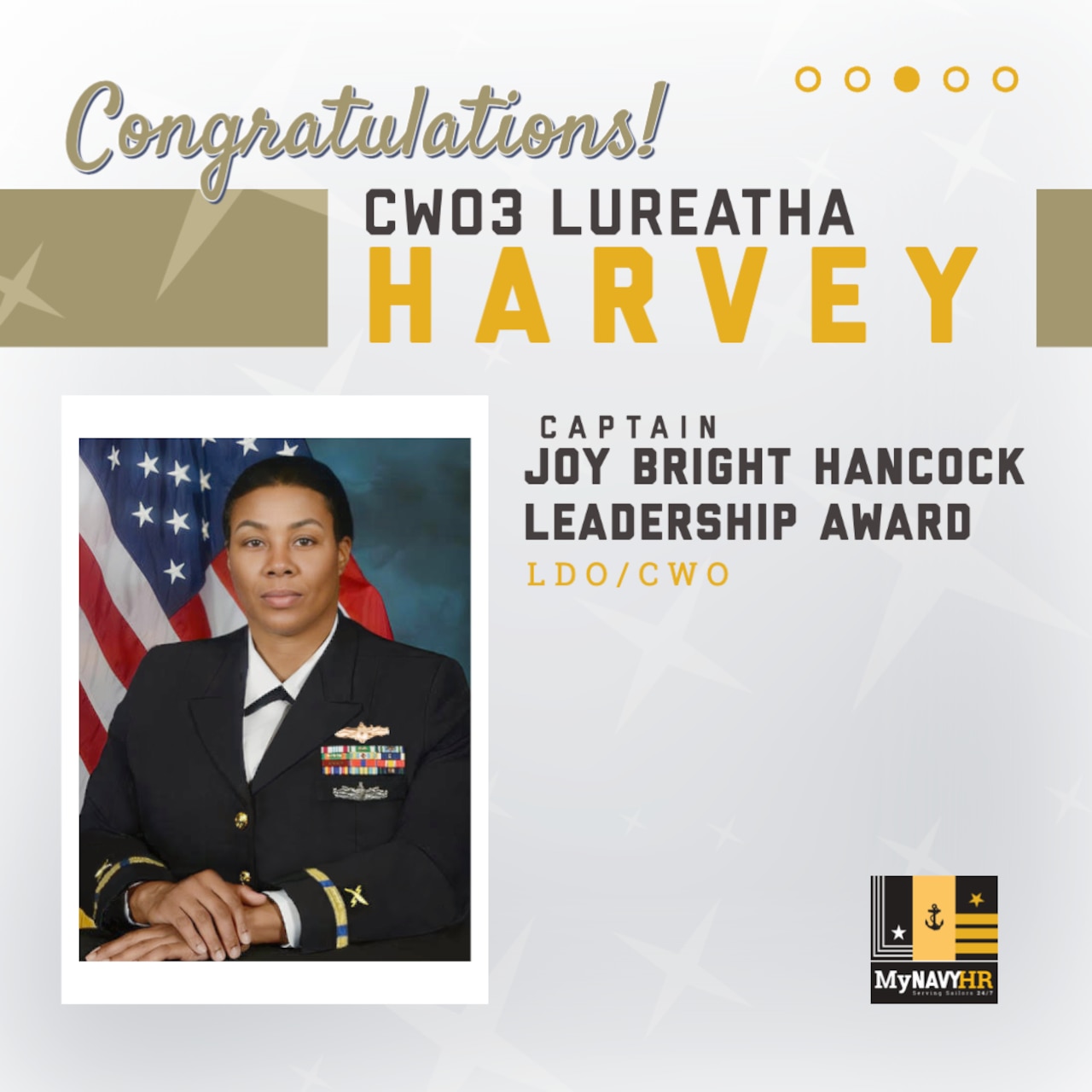 Social media graphic highlighting the 2023 Captain Joy Bright Hancock Leadership Award Winner, LDO/CWO Category - CWO3 Lureatha Harvey