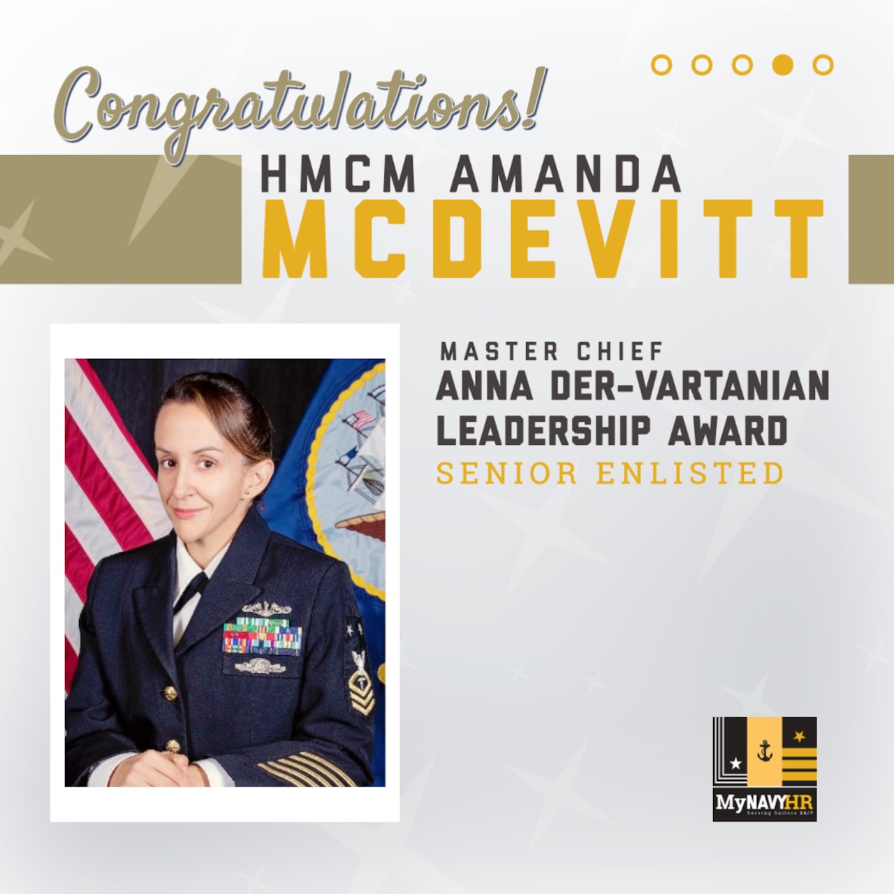 social media graphic highlighting Graphic for social media highlighting the 2023 Master Chief Anna Der-Vartanian Leadership Award Winner, Senior Enlisted Category - HMCM Amanda McDevitt