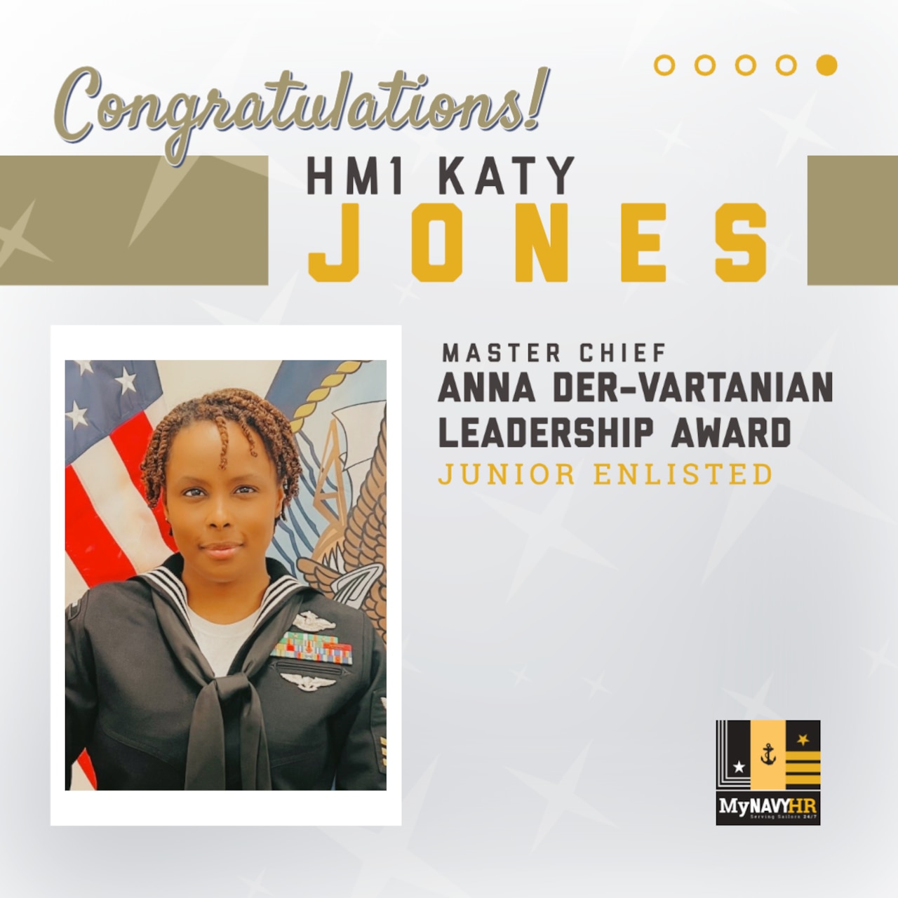 Graphic for social media highlighting the Master Chief Anna Der-Vartanian Leadership Award Winner, Junior Enlisted Category - HM1 Katy Jones