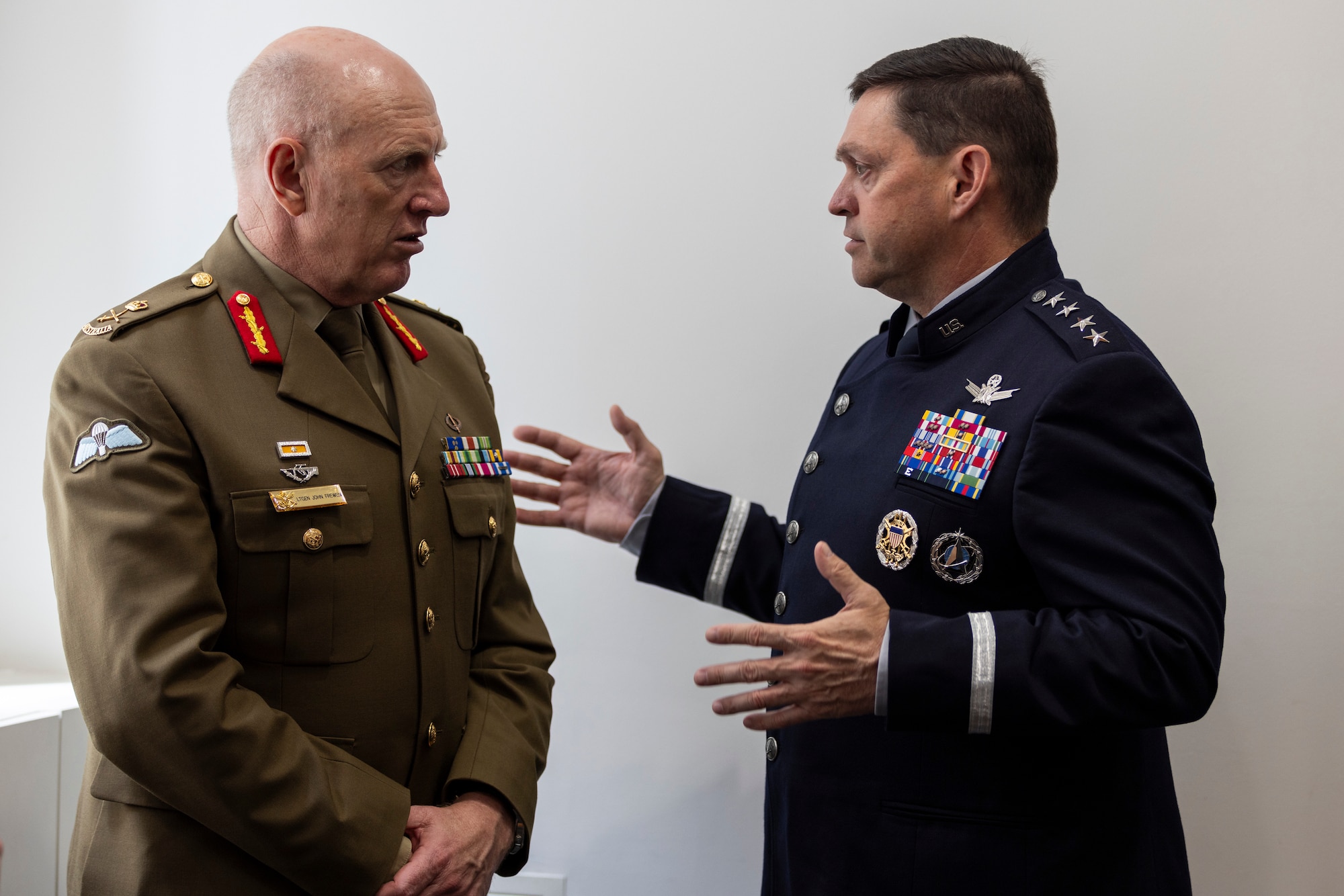 Chief of Space Operations Gen. Chance Saltzman meets with Australian Defence Force Chief of Joint Capabilities Lt. Gen. John Frewen during a trilateral engagement with senior military leaders from the UK and Australia in London, July 12, 2023. Saltzman and Frewen were joined by Royal Air Force Air & Space Commander Air Marshal Harv Smyth, UK Space Command Commander Air Vice Marshal Paul Godfrey, and Australian Defence Space Command Commander Air Vice Marshal Cath Roberts. The representatives of the three allied nations discussed ongoing cooperative efforts between the U.S. Space Force, RAF and Defence Space Command, as well as opportunities to expand collaboration. (Royal Air Force courtesy photo)