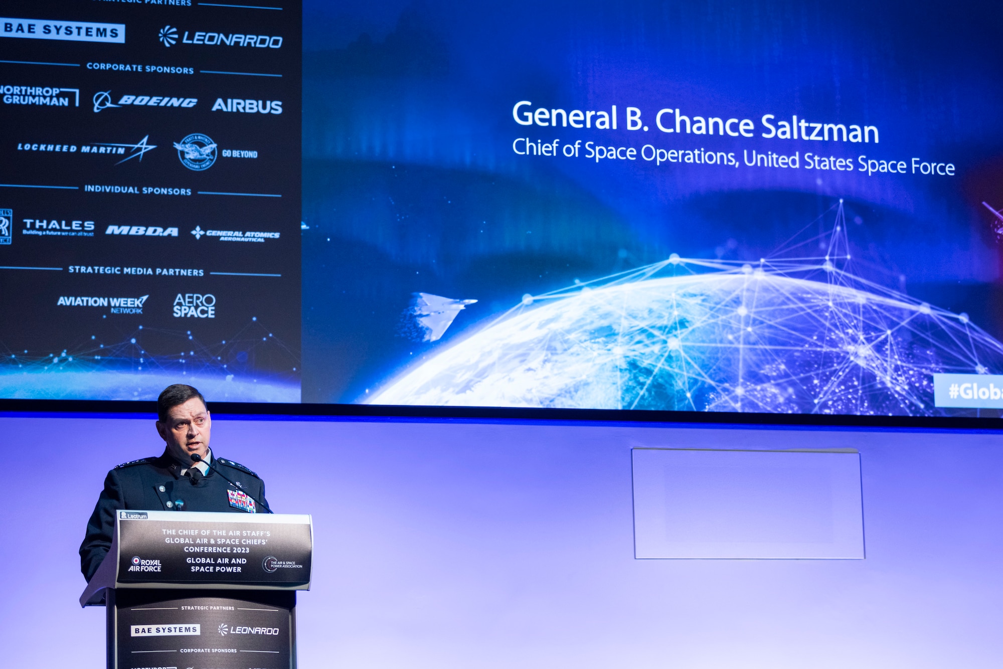 Chief of Space Operations Gen. Chance Saltzman delivers keynote remarks at the Global Air and Space Chiefs’ Conference in London, July 13, 2023. Saltzman addressed an international audience of air and space chiefs and outlined his working theory of success entitled “Competitive Endurance.” He also described how the Space Force and its allies and partners can collectively advance a future where space is safe, secure, stable and sustainable. (Royal Air Force courtesy photo)
