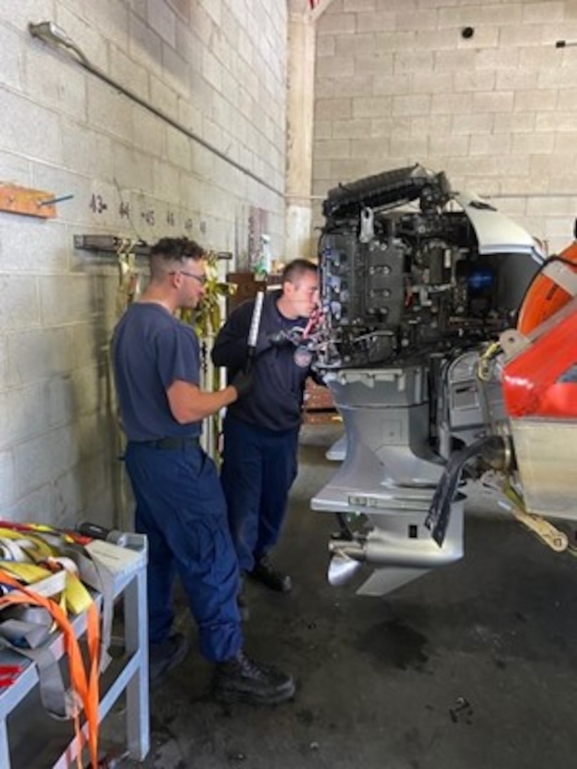 Coast Guard Maritime Safety and Security Team (MSST) Seattle 91101 members Petty Officers 2nd Class Preston Armstrong and Bryce Janes conduct maintenance on MSST Seattle’s 29-foot Response Boat-Small (RBS) prior to operations. The team will conduct waterborne missions in the Kodiak vicinity throughout July and August. The RBS will be the primary mode of transportation for MSST Seattle law enforcement crews throughout the deployment. Coast Guard courtesy photo.