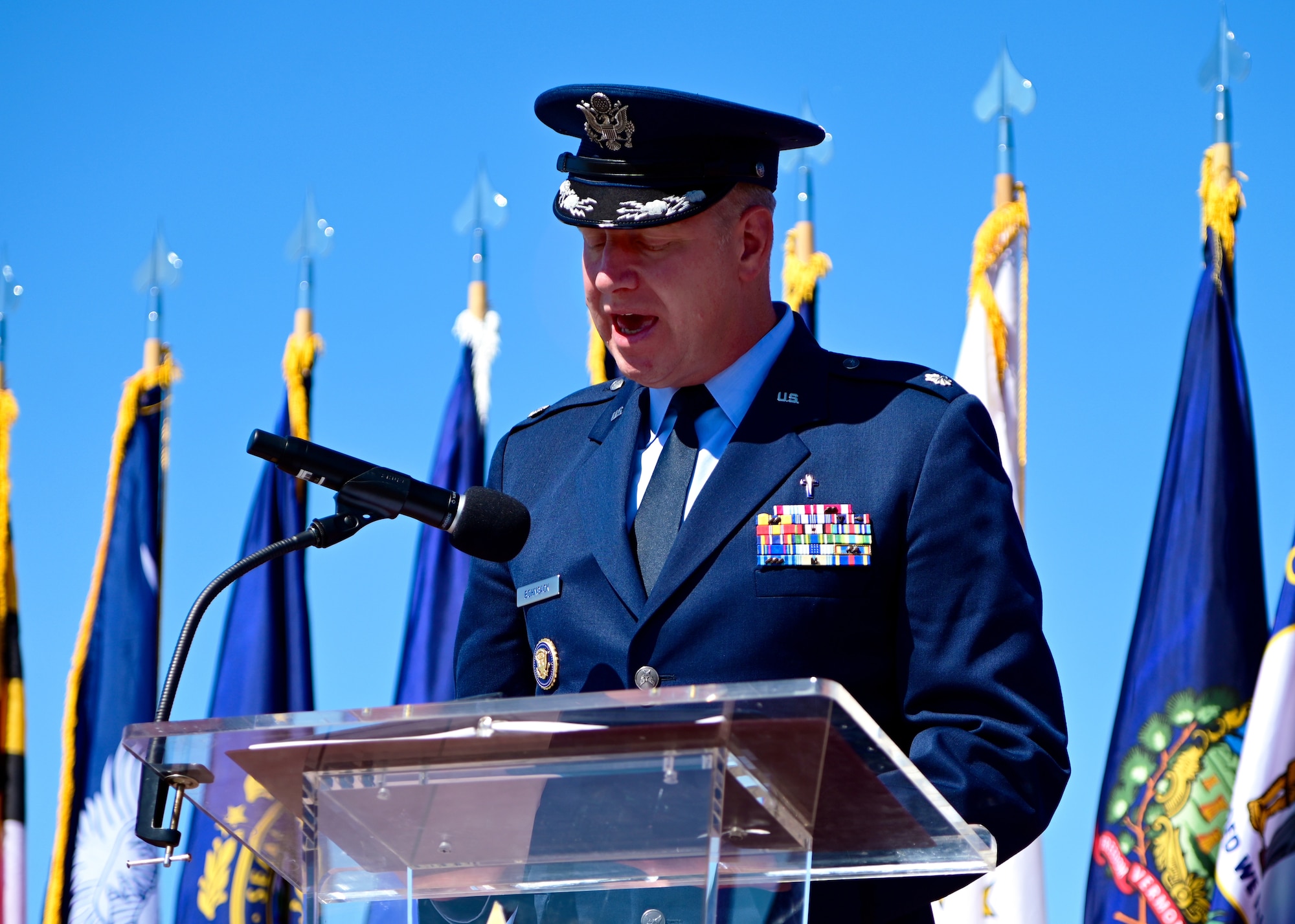 U.S. Air Force Lt. Col. Robert Bohnsack, Space Launch Delta 30 chaplain, gives an invocation during the Space Launch Delta 30 change of command ceremony on Vandenberg Space Force Base, Calif., July 13, 2023. U.S. Space Force Col. Robert Long relinquished command to U.S. Space Force Col. Mark Shoemaker. U.S. Space Force Lt. Gen. Michael Guetlein, Space Systems Command commander, presided over the ceremony. (U.S. Space Force photo by Airman 1st Class Ryan Quijas)