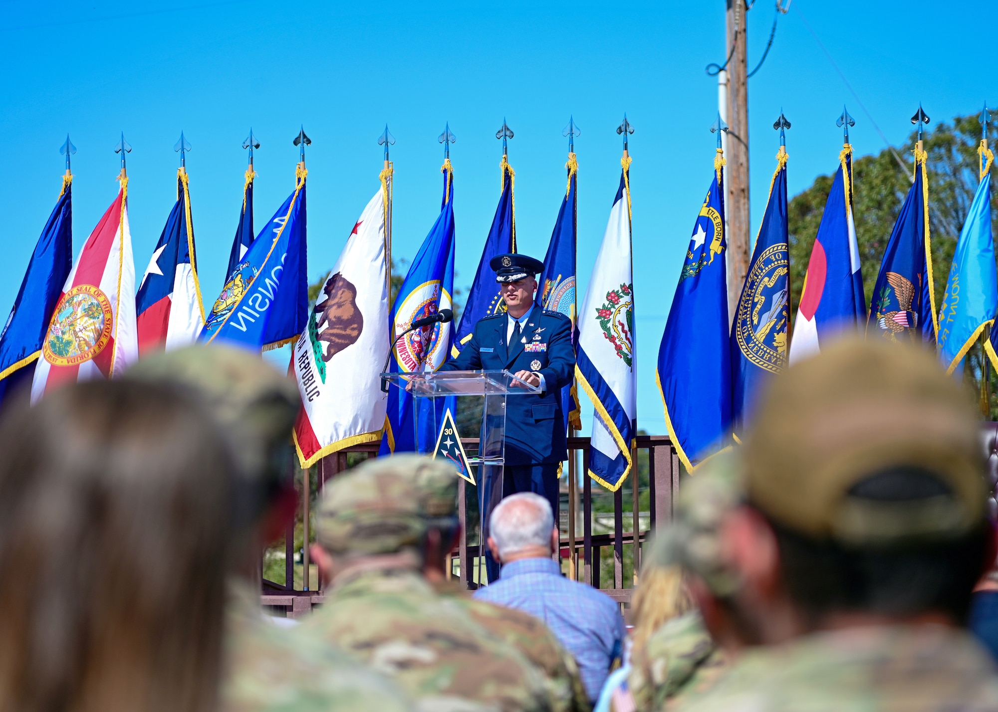 U.S. Space Force Lt. Gen. Michael Guetlein, Space Systems Command commander, delivers remarks during the Space Launch Delta 30 change of command ceremony on Vandenberg Space Force Base, Calif., July 13, 2023. U.S. Space Force Col. Robert Long relinquished command to U.S. Space Force Col. Mark Shoemaker. (U.S. Space Force photo by Airman 1st Class Ryan Quijas)