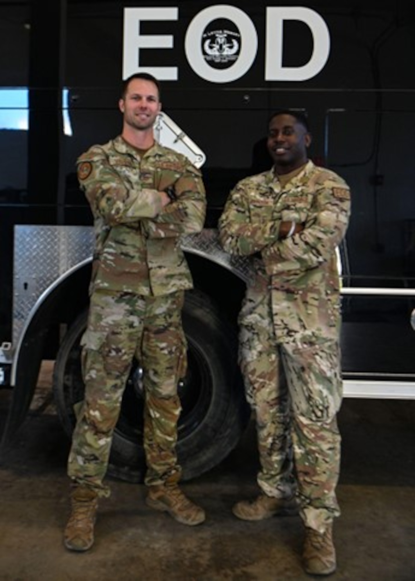 U.S. Air Force Tech. Sgt. Jonathan Vruwink, non-commissioned officer in charge of the 30th Civil Engineer Squadron Explosive Ordnance Disposal (EOD) flight’s logistics, and U.S. Air Force Senior Airman Dayton Johnson, EOD team member, pose in front of the flight’s Bomb Squad Emergency Response Vehicle at Vandenberg Space Force Base, Calif., March 7, 2023. Vruwink and Johnson earned EOD MasterBlaster of the Year awards from the U.S. Space Force in 2022. This annual award recognizes outstanding performers in the EOD career field. (U.S. Space Force photo by Airman 1st Class Kadielle Shaw
