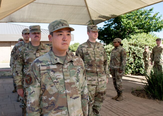 U.S. Air Force Airman 1st Class Jeffrey Joo, 9th Maintenance Squadron aircrew egress systems, performs open ranks during a course July 9, 2023, at Beale Air Force Base, California.