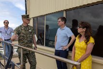 U.S. Marine Corps Col. Jeremy Beaven, commanding officer of Marine Corps Base Hawaii, left, and members of the U.S. Office of Management and Budget, discuss ongoing renovation and construction of facilities, during a tour of Kansas Tower, MCBH, July 13, 2023. The engagement provided MCBH leadership and appointed officials oversight of installation performance, procurement, and financial management in relation to the ongoing modernization and construction efforts to the bases' facilities. (U.S. Marine Corps photo by Cpl. Cody Purcell)